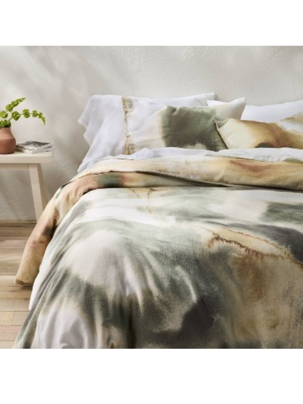 Watercolor Abstract F/Q Duvet Set in Olive& Taupe - Casaluna Heavyweight Linen
